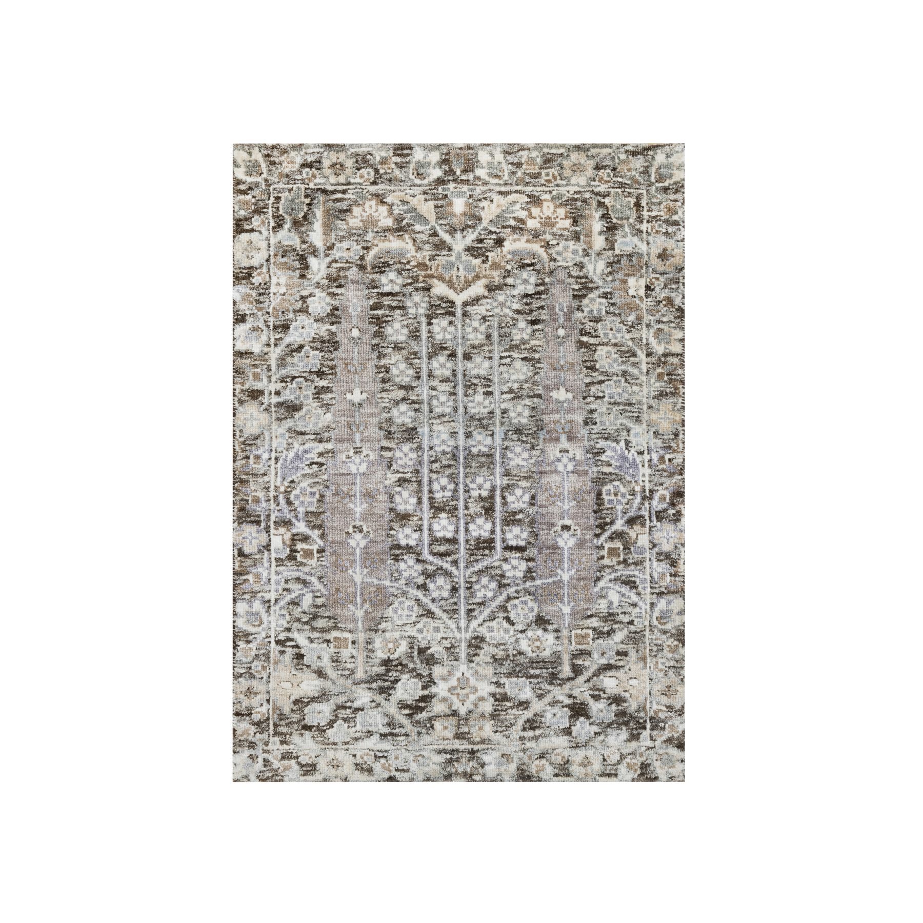2'1"x3' Chocolate Brown, Hand Knotted With Willow And Cypress Tree Design, Silk With Textured Wool, Mat Oriental Rug 